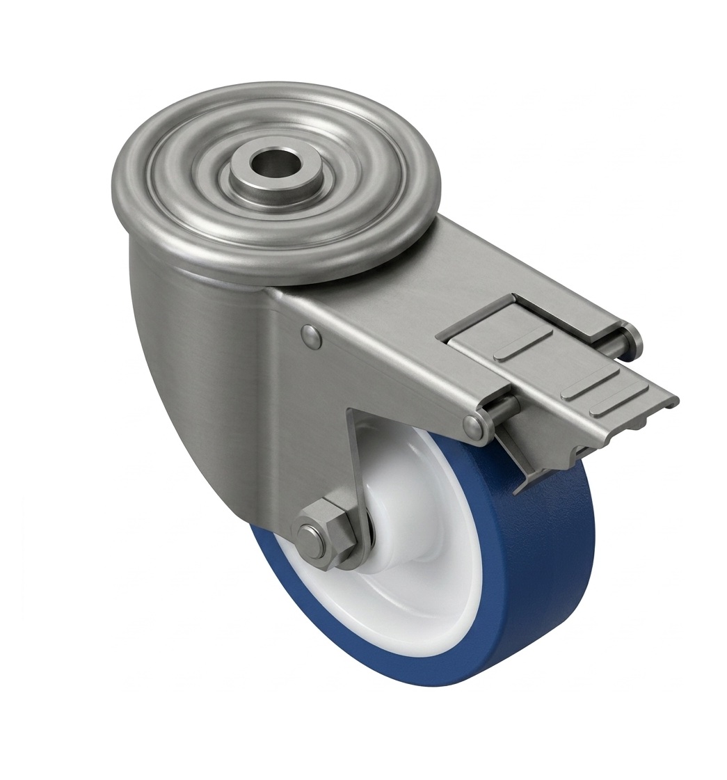 RODIZIO AZUL BASE REDONDA GIRATORIA + TRAVÃO ZINC OU INOX ( TRAVÃO REFORÇADO )