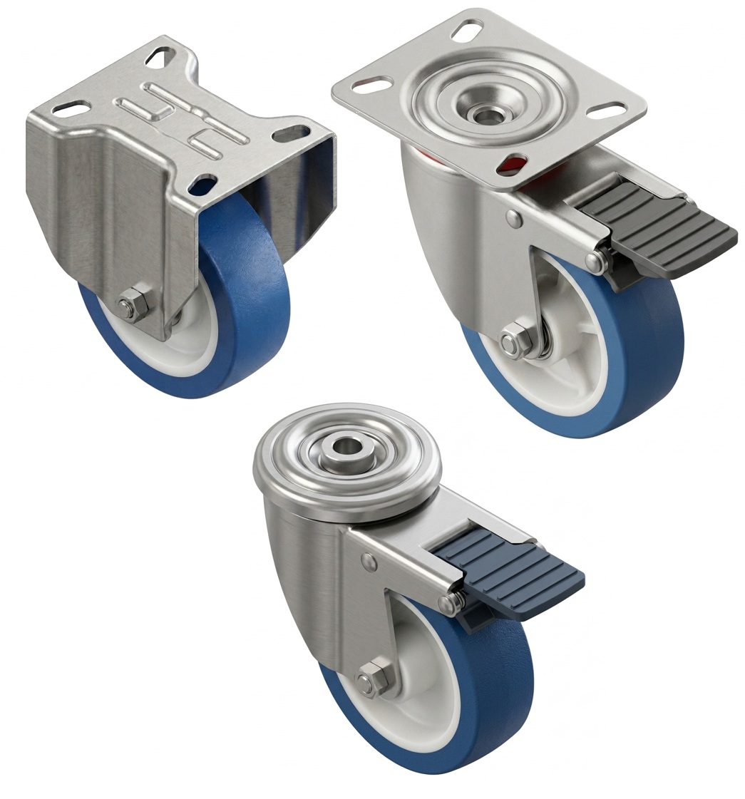 RODIZIOS EM POLYURETHANE BLUE ( Shore 82 ) ZINC OU INOX