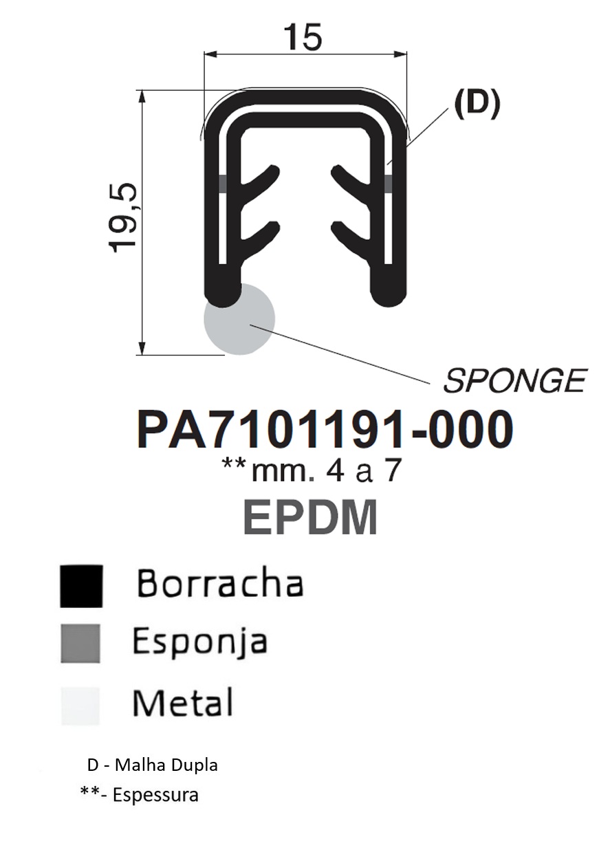 Perfil Borracha em U 19.5x15- EPDM