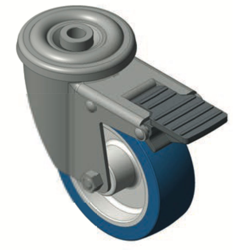 Cyan polyurethane, swivel bracket wheels with hole and PA6 glass fiber brake