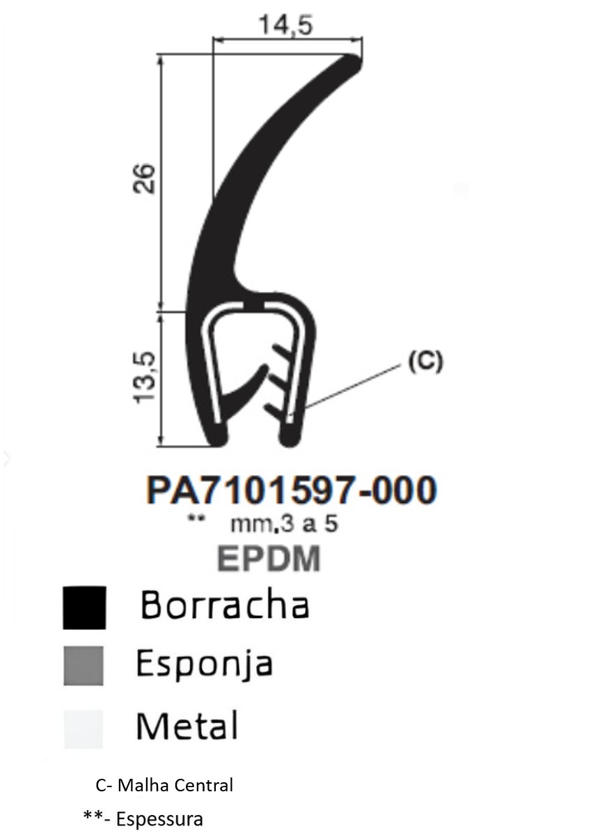 Perfil Borracha c/ Barbatana  39.5x14.5 - EPDM