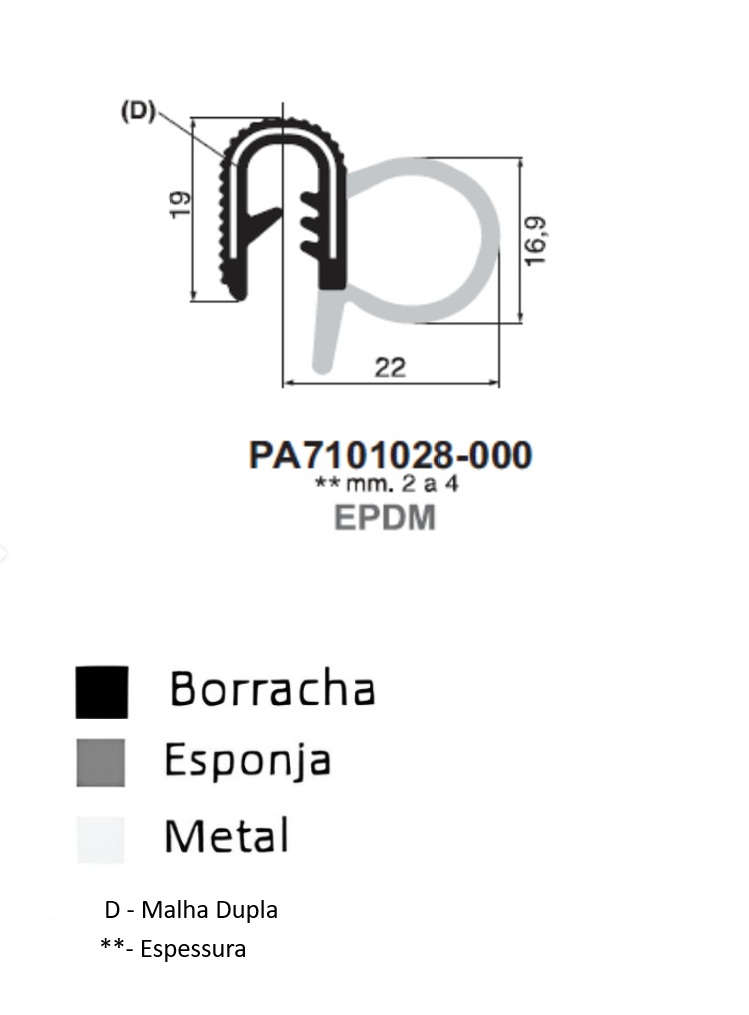 Perfil Borracha 19x22 - EPDM