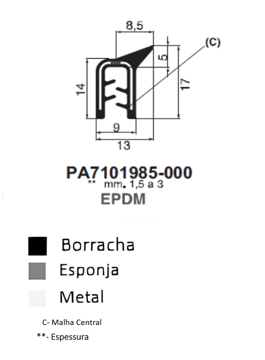 Perfil Borracha c/ Barbatana  17x8.5- EPDM